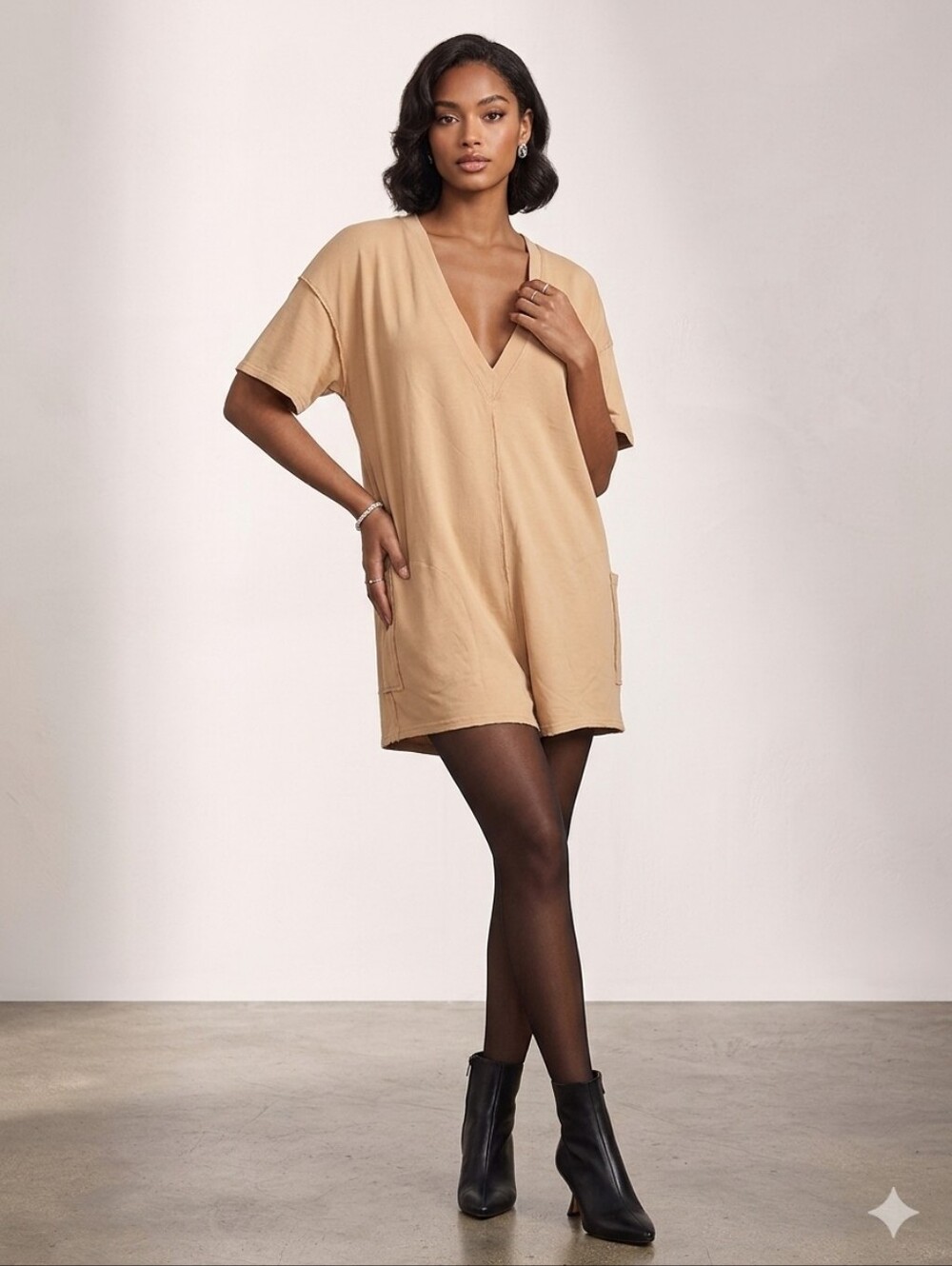 V-Neck Short Sleeve Romper in Tan